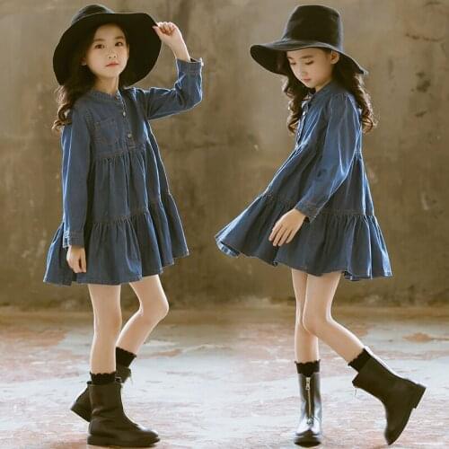 New Girls Spring Fall Spliced Denim Dress Korean Childrens Princess Long Sleeve Dresses 4-13 Yrs Old Kids Pleated One Piece B80