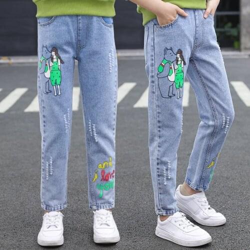 4-13 Year Old Girls Cartoon Pattern Jeans Spring Cotton Stretchy Soft Denim Pants Kids Trousers Ripped Hole Slim Pencil Pants