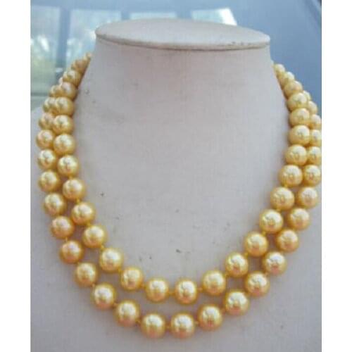 35" Natural AAA 10-11mm south sea golden pearl necklace yellow Clasp