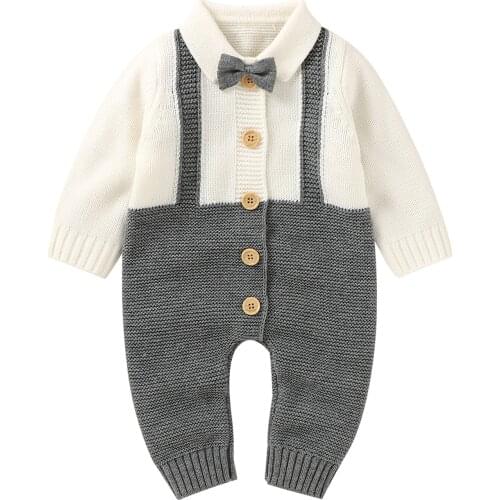 Baby Boys Casual Knitted Romper Grey Turn-down Collar Long Sleeve Button-down Jumpsuit