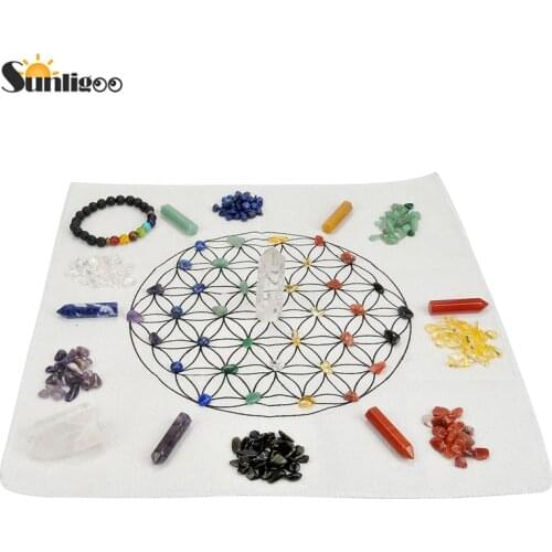 Sunligoo Chakra Crystal Healing Kit/ Lot of 7 Assorted Chips Stones Chakra Bracelet Clear Quartz Crystal Points Hexagonal Points