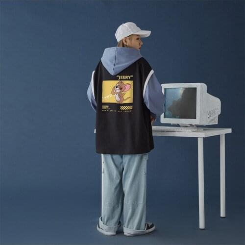 2021 Couples New Hoodie Sweatshirt Student Anime Mouse Printing Sports Long Sleeve Baseball Jacket Baseball Uniform Fake Two