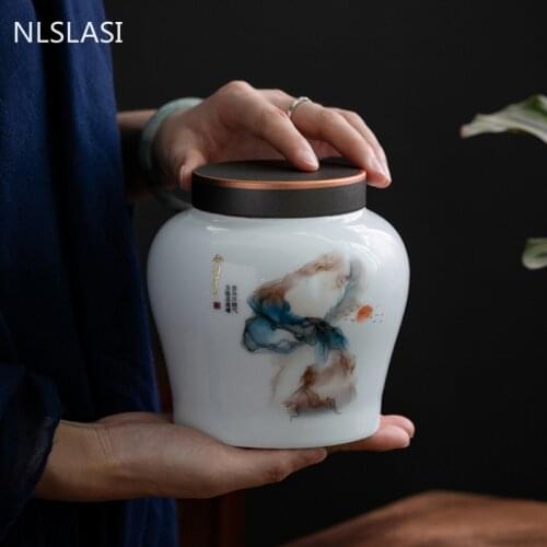 Large Capacity Ceramics Tea Caddy Lotus Bamboo Pattern Tieguanyin Containers Travel Tea Box Sealed Tea Jar coffee Storage Tank