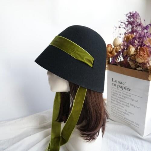202011-panshi-france style autumn winter Elegant color velvet straps wool lady bucket cap women fishermen hat
