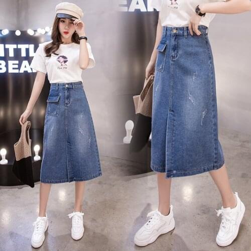 2021 Casual Denim Skirts Female High Street Split Plus Size Skirt Jeans Women Loose Blue A Line Fashion Kpop Summer Saia Jeans