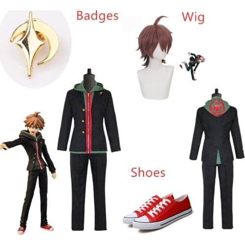 Anime Danganronpa Makoto Naegi Cosplay Costumes Adult Halloween Party Full Set Tops Pants Costumes for Men Women Wig Badge Shoes