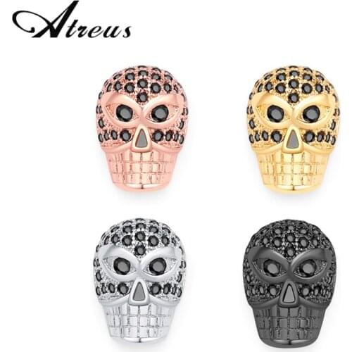 Atreus 3pcs/lot 14mm Punk Skull Head Beads Micro Pave Black Cubic Zirconia Beads Copper Pendant For Jewelry Making DIY Necklace