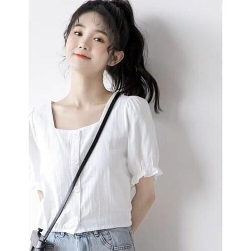Blouse Women Puff Sleeve Short Sleeve Shirt Loose Short Square Collar Top Blusas Mujer De Moda