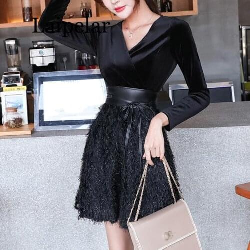 Black v neck velvet empire long sleeve short mini tassel patchwork dress autumn sash zipper autumn