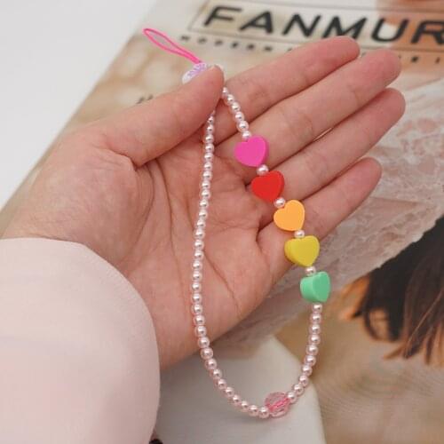 Colorful Heart Phone Case Chains Pearl Beaded Strap Phone Charm Telephone Anti-Lost Lanyard Jewelry For Women Mobile Accessories