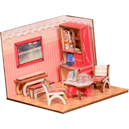 1:24 Wooden Dollhouse Miniature Kits With Full Furniture - Modern Style Pink Study Room Life Scene Model