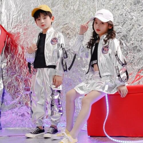 Kids Sequined Silver Hip Hop Clothing Coat Skirt for Girls Boys Jazz Dance Costumes Wear Ballroom Dancing Clothes Outfits