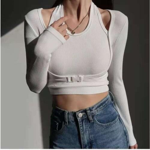 Syiwidii 2 Pieces Set Women Sexy Tops Kintted Long Sleeve Crop Top T Shirt Halter Woman Tshirts Black White Elastic Slim Tees
