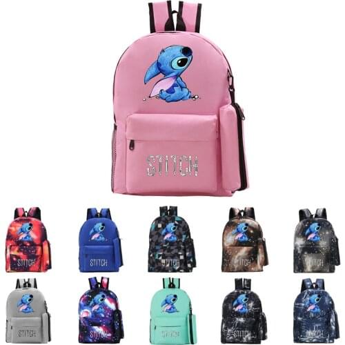 2021 New Disney Stitch Peripheral Print Backpack+Pencil Solid Color Cartoon Student School Bag Boys Girls Casual Two-Piece Set