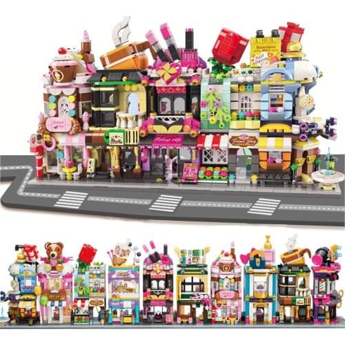 Mini Street View Building Blocks City Flower Makeup Shop Coffee Store Model 3D Architectures Educational Toys For Chilren