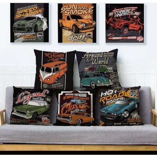 Cartoon SUV Bus Pickup Trucks Sports Car Print Cushion Cover Retro Cars Pattern Square Pillowcase Sofa Home Decor Pillows Cases
