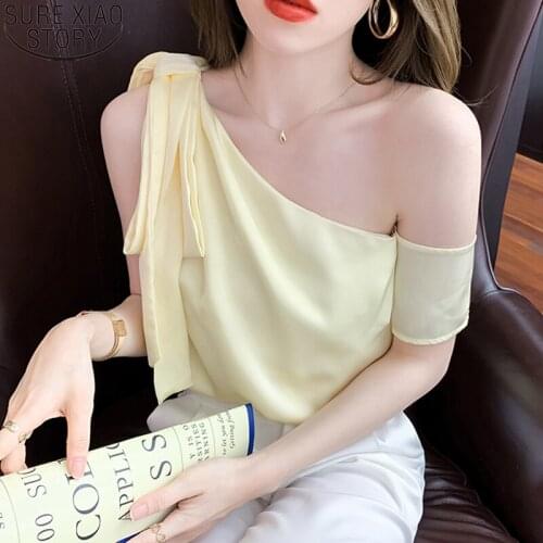 2021 Summer New Chic French Style Women Blouse Niche Off Shoulder Tops Skew Collar Shirt Ladies Fashion Clothes Blusas 15016