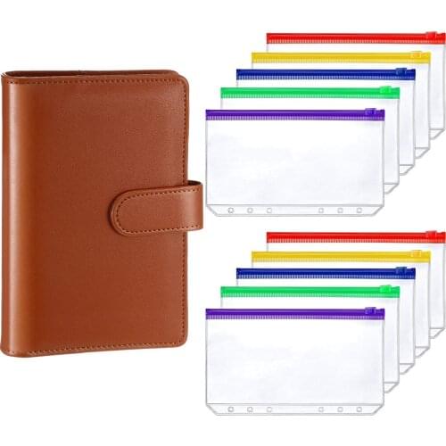 A6 PU 6 Ring Binder Notebook Planner Refillable Cover Magnetic Buckle and 10 Pieces Multicolor Binder Pockets Zipper Folders