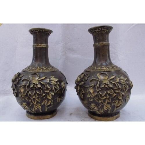 Song voge gem S0832 12.5 Chinese Old Copper Bronze Wealth Rich flowers Bottle Pot Vase statue Pair