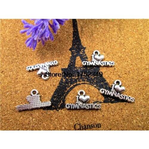 25pcs-Gymnastics Charms, Antique Tibetan silver I Love Gymnastics Charm Pendants 20x11mm