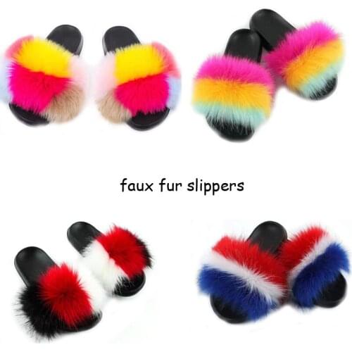 New Design Slippers Sandals Ladies Open Toe Fluffy Faux Fur Slippers For Women Flat Bottom Sandals Shoes Slides Plush Flip Flops