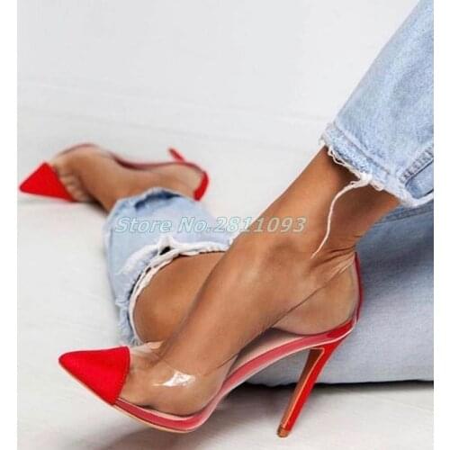 Stylish Point Toe Sheer Patchwork Stiletto Pumps Patent Leather and PVC Slip On Dress High Heels Shoes Match Everything Pumps