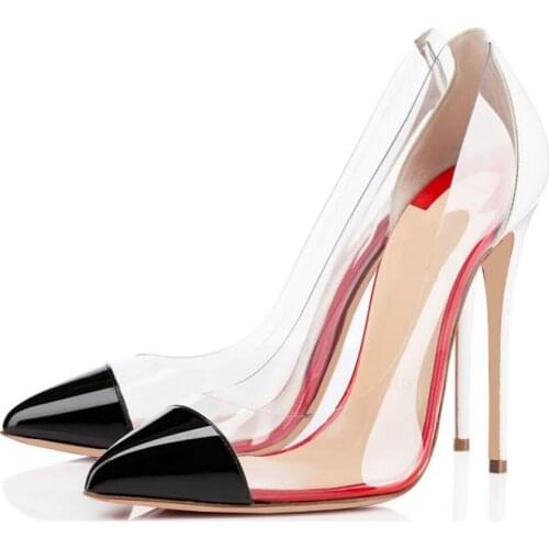 Spring new pointed shallow mouth PVC transparent stitching stiletto single shoes banquet dress large size fashion womens shoes