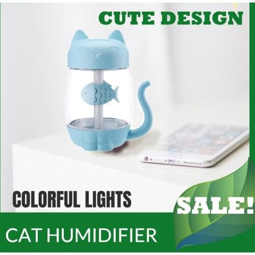 Air Humidifier With Colorful LED Light Portable Ultrasonic Adorable Cartoon Cat Eat Fish USB Charging Aroma Diffuser Fogger