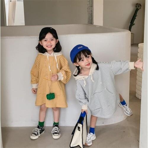 Girls Korean style autumn striped hooded dresses 2021 fashion baby girl cotton soft loose dress