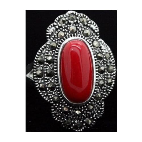 24*16mm Vintage 925 Silver Oval Red Coral Marcasite Ring Size 7/8/9/10