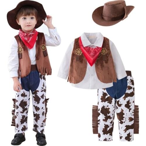 0-6 years Autumn children clothing long-sleeved suit 5pcs/set western cowboy cosplay with triangle scarf hat baby boy clothes