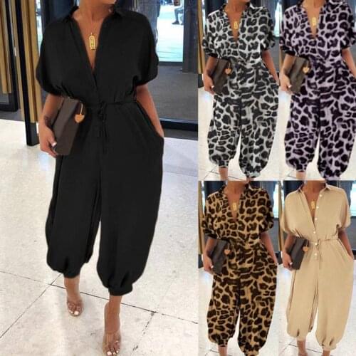 Women Short Sleeve Retro Jumpsuit Sexy V-Neck Button Front Belted Rompers Leopard Print Harem Long Pants Loose Playsuit S-5XL