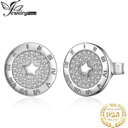 JewelryPalace Round Cubic Zirconia Star Circular Etched Roman Numeral Stud Earrings 925 Sterling Silver Earrings Women Jewelry