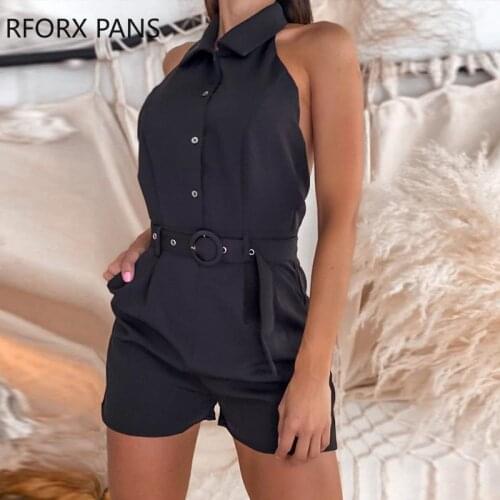 Women Halter Open Back Button Design Sleeveless Romper Casual Romper with Belt