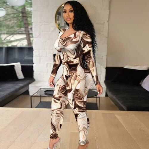 Casaul Women Jumpsuit Print Hollow Out Bandage Full Sleeve High Street Long Romper Women Jumpsuit Outfit