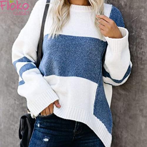 Flokocloset Casual Contrast Color O-Neck Sweater for Women Autumn Fashion Streetwear Jumpers Patchwork Pullovers