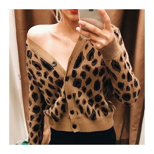 Vintage leopard print women knitted cardigan sweater v-neck buttons short cardigan jumper Casual female ladies outwear