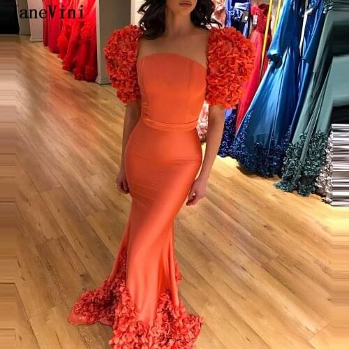 JaneVini 2020 Elegant Orange Mermaid Long Prom Dresses for Women Strapless Handmade Flowers Half Sleeves Satin Prom Party Gowns