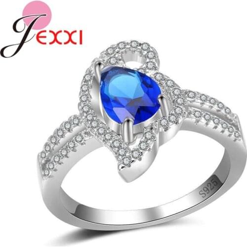 New Fashion Women Female 925 Sterling Silver Geometric Ring 4 Colour Water Drop Fine Crystal For Party Wedding Jewelry