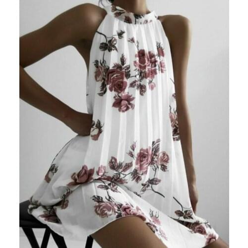 Women Sleeveless Summer Boho Printed Beach Casual Loose Mini Shirt Beach Dress