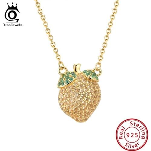 ORSA JEWELS Real Sterling 925 Silver Necklaces Lemon Shape Gold Plated AAAA Zirconia Pendant Accessories For Female SEQN05