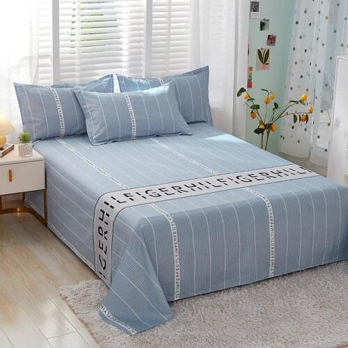 1pcs 100% Cotton Bed Sheet Blue Simplicity Printed Double Top King Sheets Pure Cotton Single Size Kids Bed Linen (No Pillowcase)