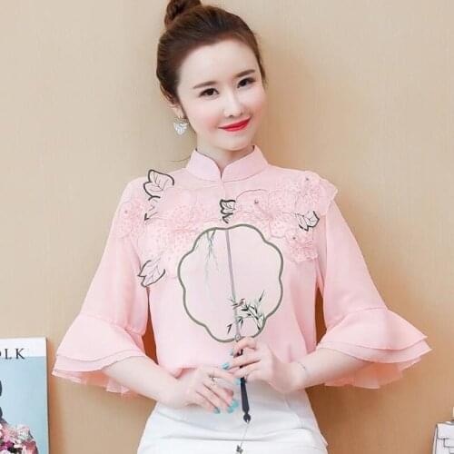 2021 summer new style Korean flower blouse women retro fashion chiffon shirt temperament short-sleeved shirt casual
