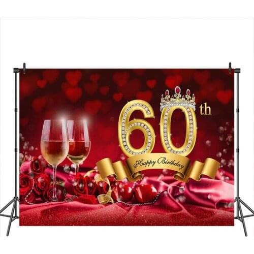 60th Birthday Backdrop for Photography Rose Red Curtain Crown Champagne custom background photocall photo studio photobooth