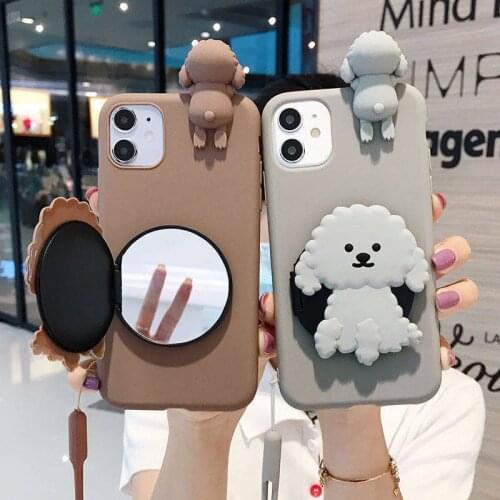 Chic Dog Soft TPU Phone Case for OPPO Realme C11 C12 C15 C2 XT X X2 X50 3 5 6 Pro K1 A1K Makeup Mirror Holder Cover With Strap