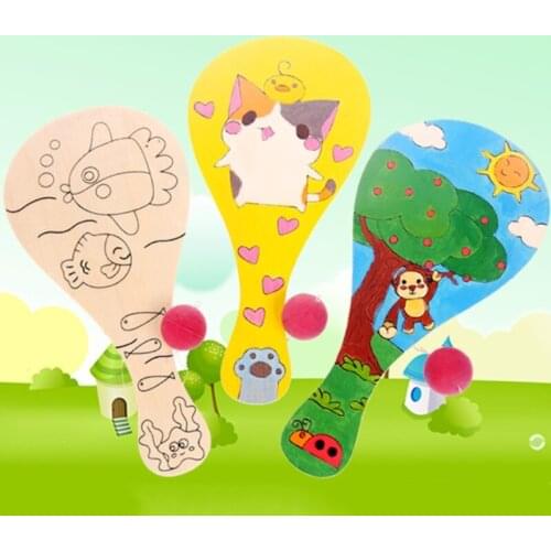 Wooden Racket with 4options for Baby Learning & Developmental Interactive DIY Racket Toy Mini Paddleball with String