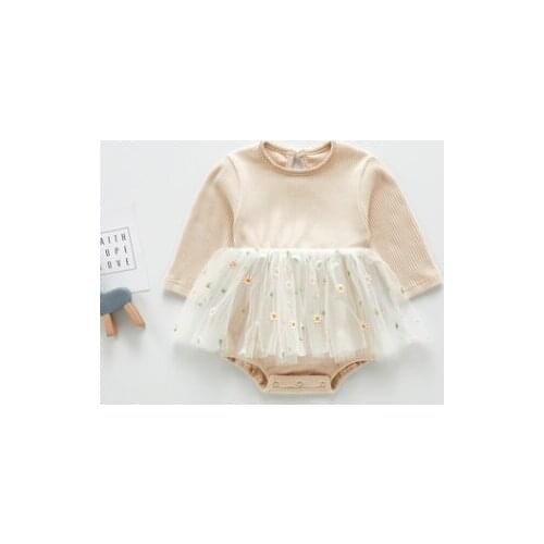 Baby Romper 2020 Cute Girls Flower Embroidery Apricot Round Neck Long Sleeve Mesh Cover Romper Jumpsuit for Girls 0-24M