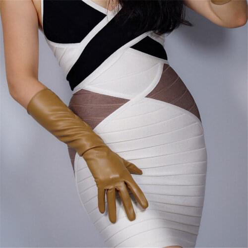 Long Leather Gloves 40cm Simulation Leather Imitation Sheepskin Imitation Leather Khaki Camel Nude Color Tea Color PUTS40