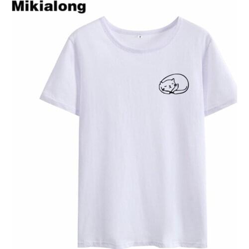 Mikialong Pocket Cat T Shirt Women Kawaii Summer Tops 2018 Basic O-neck Short Sleeve Cotton T-shirt Women Poleras Mujer