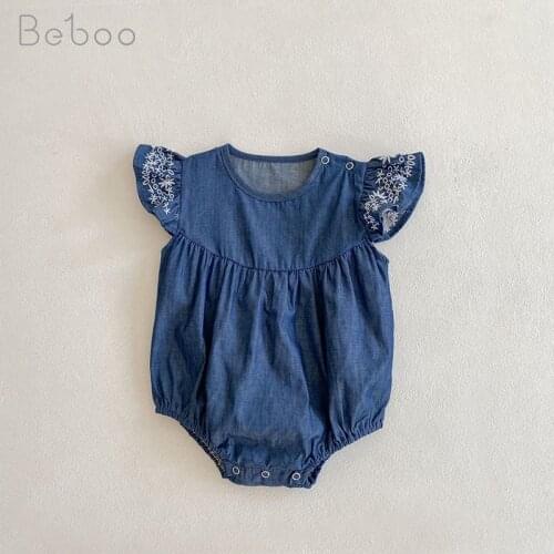 Ins 0-24m Korean Style Summer Baby Girl Cotton Denim Bodysuits 2021 Flying Sleeve Kids Clothes Newborn Christmas Clothing Infant